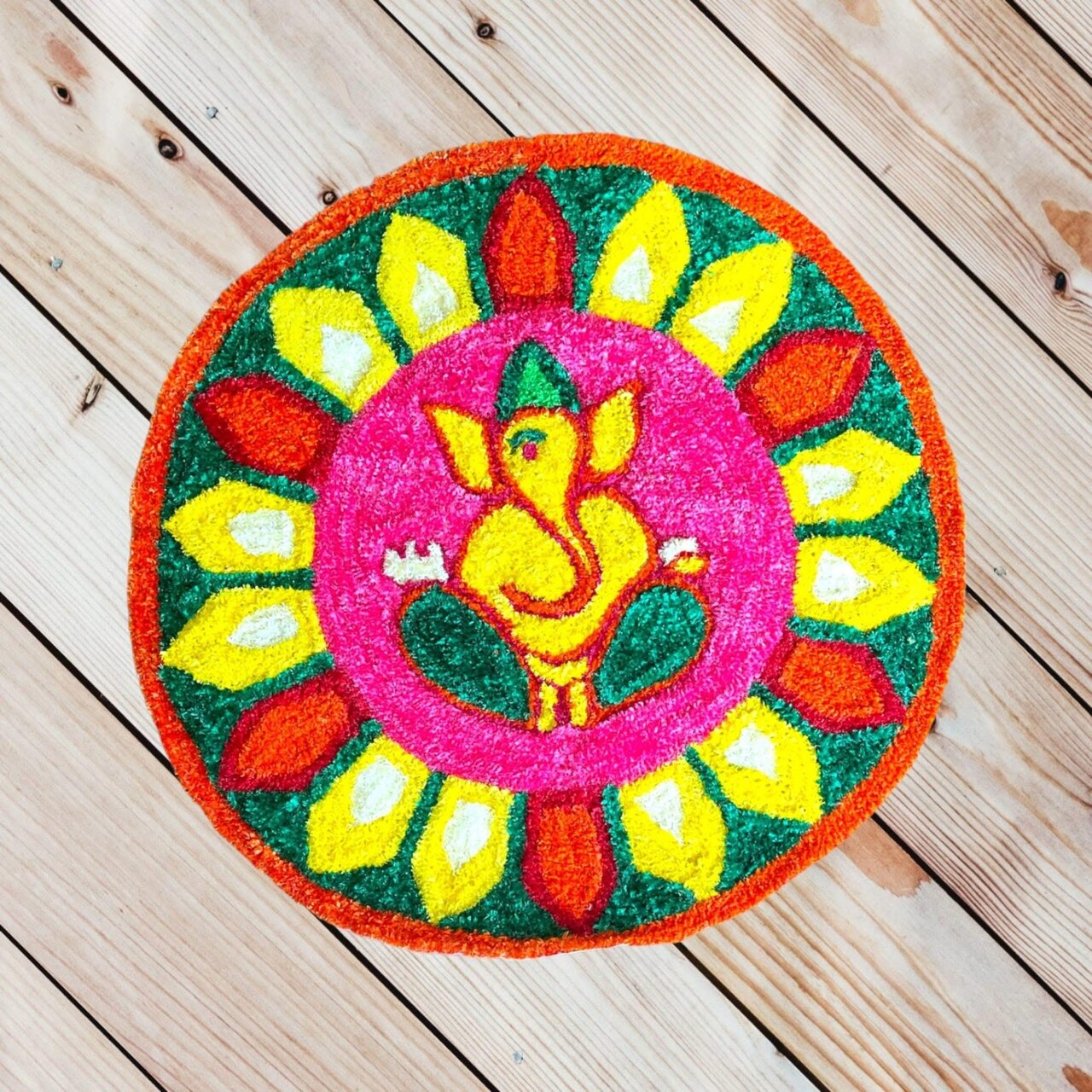 Faux Fur Yarn Wool Ganesha Rangoli Mat Canvas Base Aasan Indian Traditional Puja Mat for Home Temple Decor - Multipurpose Pooja Festival Decorations Diwali Housewarming Gift (3 Ft Round)